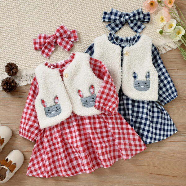 Charming 3pcs Baby Set: Cotton Plaid Dress, Rabbit Fleece Vest