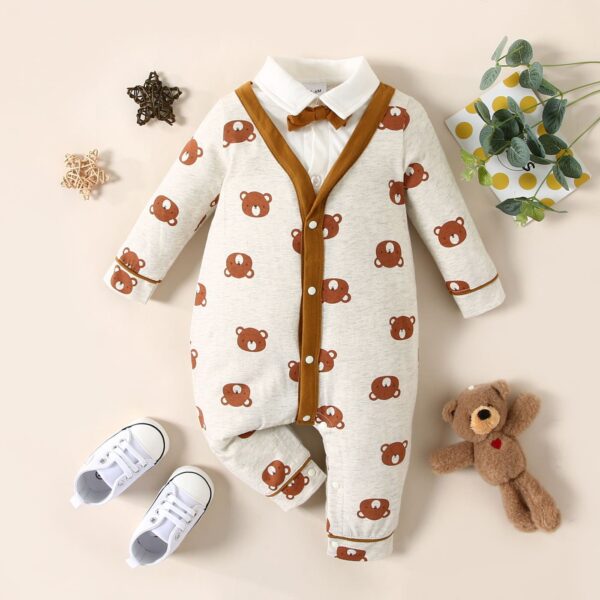 Adorable Bear Print Gentleman's Baby boy Jumpsuit